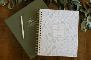 Hand illustrated wildflower Floral Faithful Day Planner Cover in rosemary green with gold foil accents and the year 2024